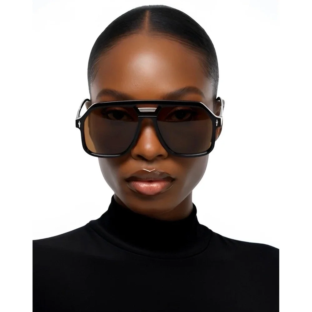 Oversized Flat Top Aviator Sunglasses Black Frame Brown Lens Square Shield 142mm
